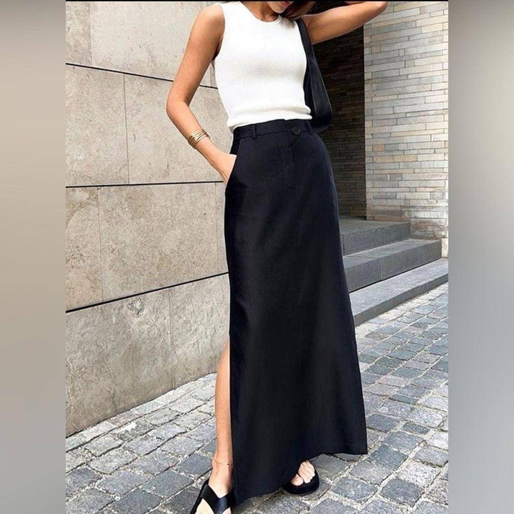 COMMENSE Women Black High Waist Maxi Skirt Side Slit Pockets Size S